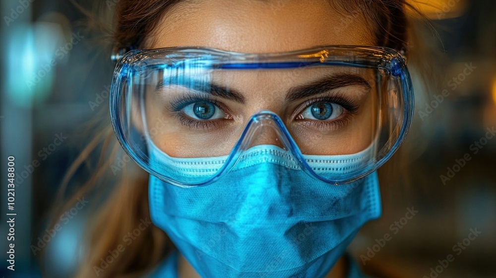Health worker dons protective gear, including a face mask and goggles, ready to provide care in a medical facility amidst ongoing health crises and pandemic conditions Health worker dons protective gear, including a face mask and goggles, ready to provide care in a medical facility amidst ongoing health crises and pandemic conditions
