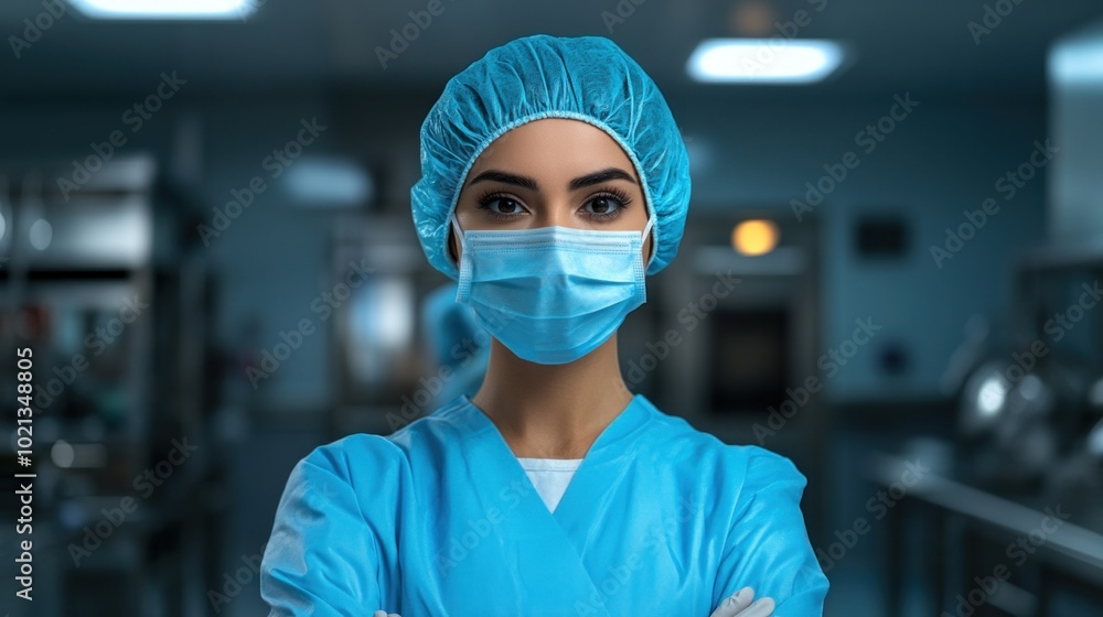 Dedicated medical professional wears a mask and protective gear, showcasing determination and focus as they prepare to care for patients in a clinical environment during a health emergency Dedicated medical professional wears a mask and protective gear, showcasing determination and focus as they prepare to care for patients in a clinical environment during a health emergency