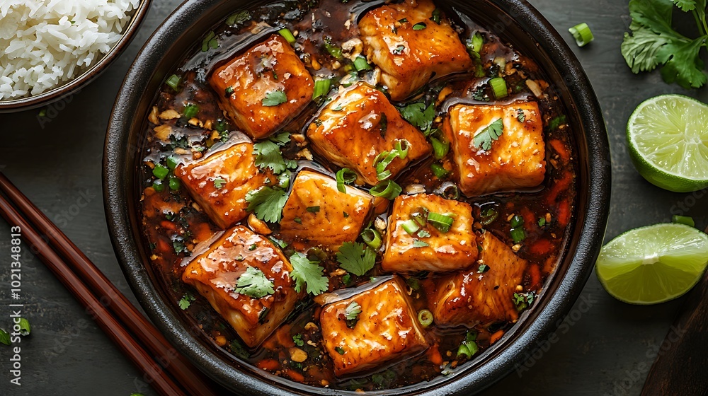 A top-down view of a Ca Kho To clay pot filled with caramelized fish, glistening in a deep brown sauce, garnished with green onions and cilantro. Background: modern kitchen setting with chopsticks, A top-down view of a Ca Kho To clay pot filled with caramelized fish, glistening in a deep brown sauce, garnished with green onions and cilantro. Background: modern kitchen setting with chopsticks,