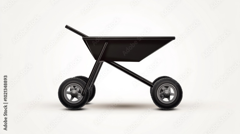 Realistic black wheelbarrow with two large wheels on a white background isolated for stock image use construction and gardening tool visualization. Generative AI Realistic black wheelbarrow with two large wheels on a white background isolated for stock image use construction and gardening tool visualization. Generative AI