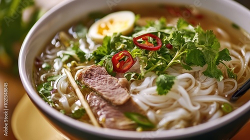 A bowl of pho with herbs, meat, and spices, showcasing vibrant colors and textures.