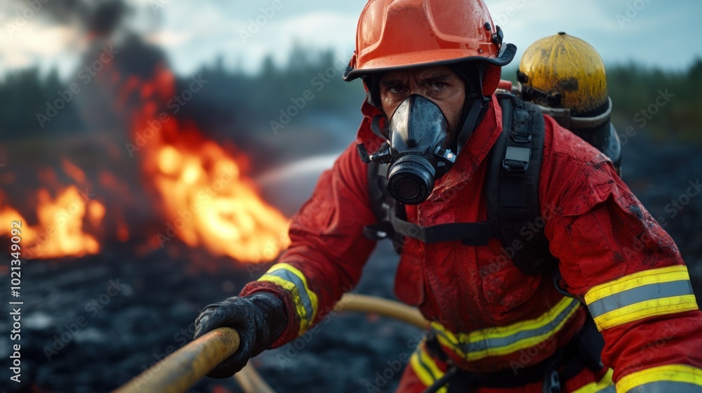 Firefighter in full gear using a hose to extinguish a fire, symbolizing bravery and dedication in emergency services Firefighter in full gear using a hose to extinguish a fire, symbolizing bravery and dedication in emergency services