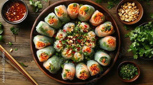 A top-down view of a plate of fresh Vietnamese spring rolls arranged in a circular pattern, showcasing the translucent rice paper and colorful ingredients inside. photo