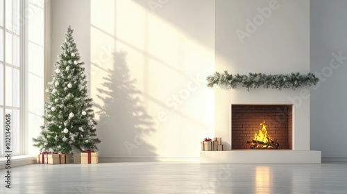 Holiday able with christmas tree and fireplace. with copy space photo