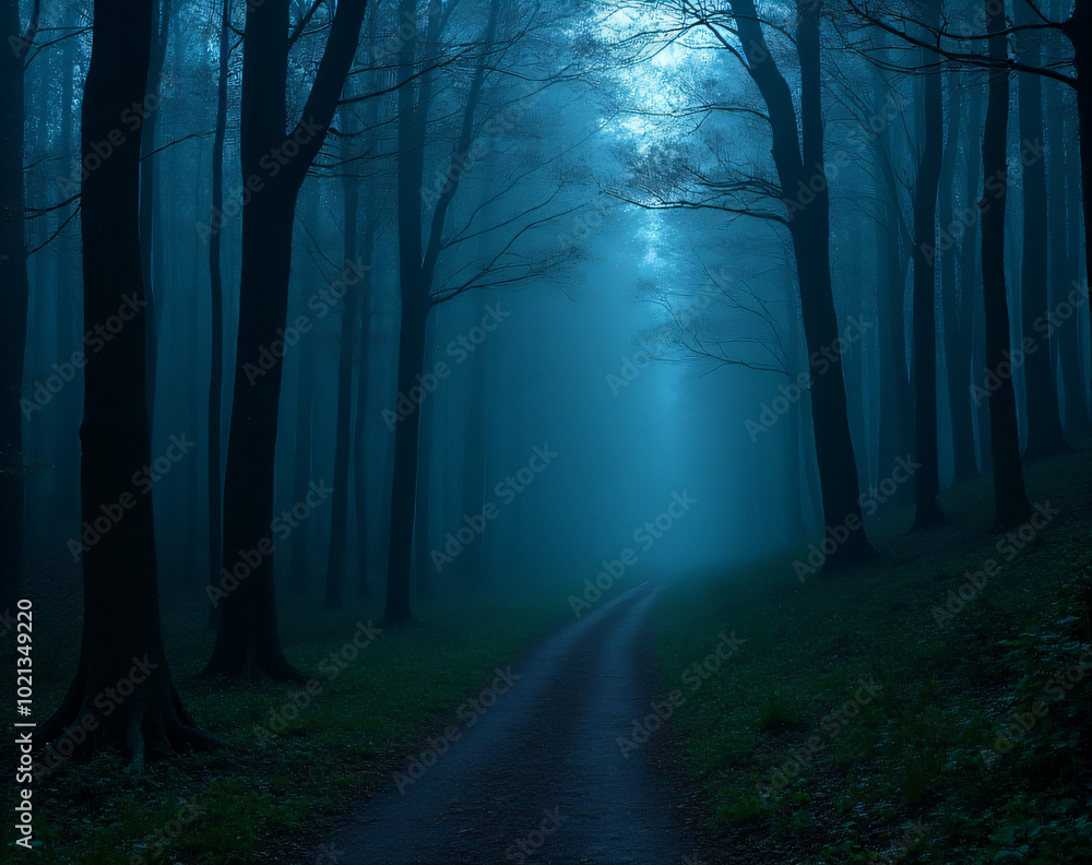 A narrow, winding path through a dense, misty woodland area under tall trees, shrouded in a blue-hued gloom._00001_