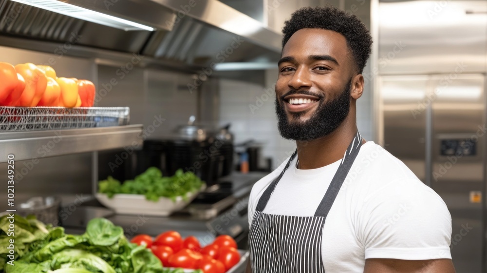 A cheerful chef stands in a bustling kitchen, surrounded by vibrant vegetables like tomatoes and leafy greens, preparing a delicious meal during daylight hours A cheerful chef stands in a bustling kitchen, surrounded by vibrant vegetables like tomatoes and leafy greens, preparing a delicious meal during daylight hours