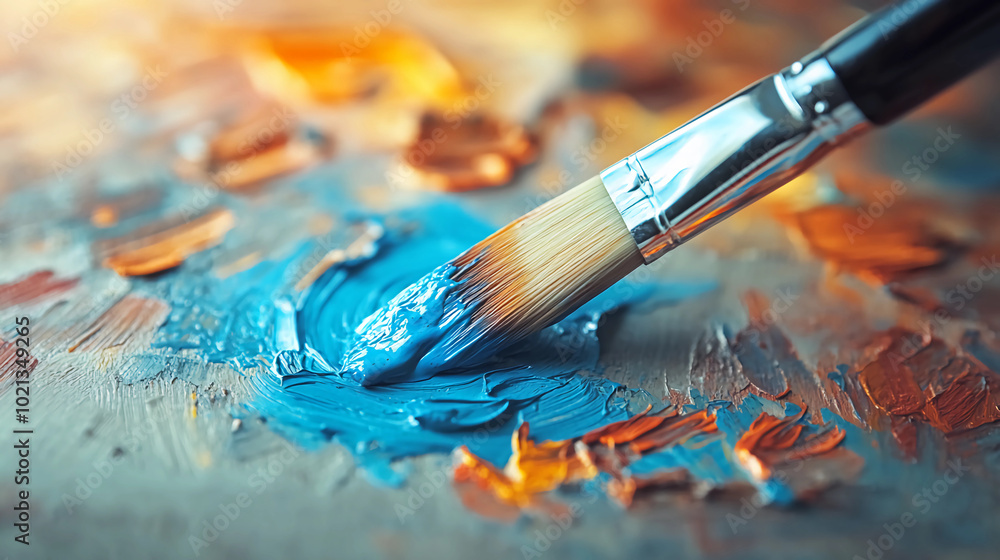 Obraz premium Close-up of Paintbrush Mixing Blue Oil Paint