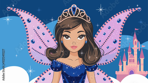 Fairy princess wearing golden tiara with sparkling sapphire accents.