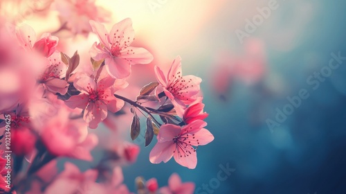 Pink Blossom in the Golden Light: A delicate cluster of soft pink blossoms basks in the warm glow of the setting sun, creating a serene and enchanting scene.