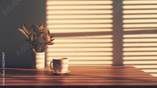 A vase with flowers on a wooden table by a window in a cozy kitchen with soft morning light and a coffee cup nearby