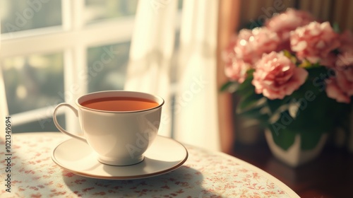 A close-up of a cup of tea with flowers on a breakfast table in a cafe