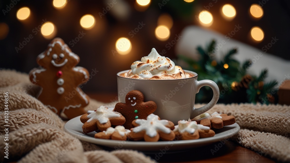A cup of hot chocolate with whipped cream and gingerbread cookies on a cozy blanket with Christmas lights in the background. A cup of hot chocolate with whipped cream and gingerbread cookies on a cozy blanket with Christmas lights in the background.