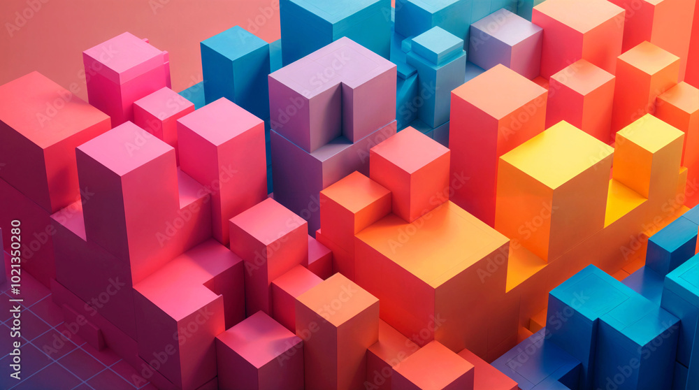 Vibrant 3D geometric abstract composition with colorful cubes and blocks, showcasing depth and diversity in a modern, playful design concept Vibrant 3D geometric abstract composition with colorful cubes and blocks, showcasing depth and diversity in a modern, playful design concept