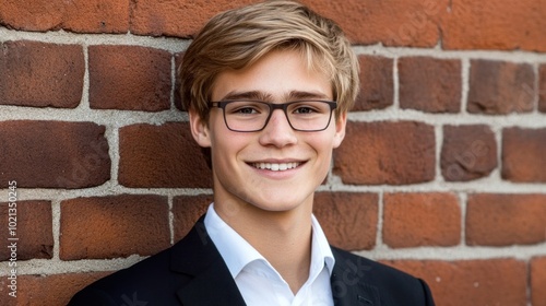 A young man stands against a textured brick wall, showcasing a bright smile. He is dressed in a suit and glasses, exuding confidence and professionalism