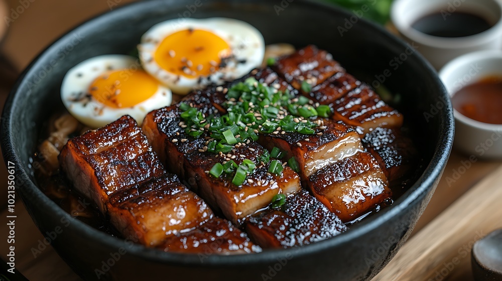 A vibrant close-up view of a bowl of Thit Kho, focusing on the caramelized pork belly glistening in the deep amber sauce, with braised eggs on the side. A vibrant close-up view of a bowl of Thit Kho, focusing on the caramelized pork belly glistening in the deep amber sauce, with braised eggs on the side.
