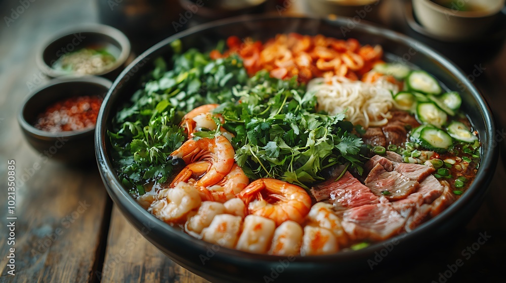 A vibrant close-up view of a bubbling Lau hot pot, focusing on the fresh shrimp, thinly sliced beef, and leafy greens immersed in the flavorful broth. A vibrant close-up view of a bubbling Lau hot pot, focusing on the fresh shrimp, thinly sliced beef, and leafy greens immersed in the flavorful broth.