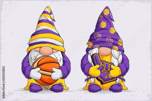 Hand drawn cute gnomes in yellow and purple disguise holding Basketball ball and foam finger