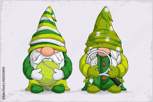 Hand drawn cute gnomes in green disguise holding tennis ball and racket on their hands isolated