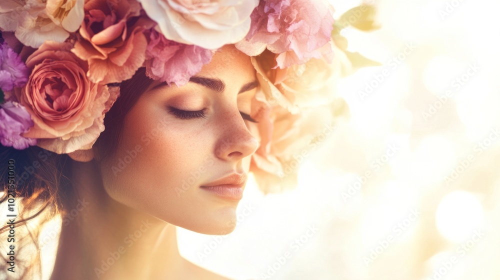 A woman adorned with a vibrant floral crown closes her eyes, basking in soft sunlight that enhances her tranquil demeanor and graceful features in a nature-inspired setting A woman adorned with a vibrant floral crown closes her eyes, basking in soft sunlight that enhances her tranquil demeanor and graceful features in a nature-inspired setting