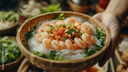 A vibrant close-up view of a Goi Cuon salad roll being held in hand, focusing on the shrimp, vermicelli noodles, and fresh herbs inside the translucent rice paper. photo