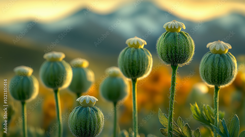 Green poppy buds stand tall in a sunlit field, with blurred mountains in the background, creating a serene and picturesque natural scene. Green poppy buds stand tall in a sunlit field, with blurred mountains in the background, creating a serene and picturesque natural scene.