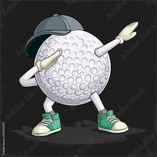 Hand drawn funny Dabbing white golf ball with hands and legs and hat doing dab dance gesture pose