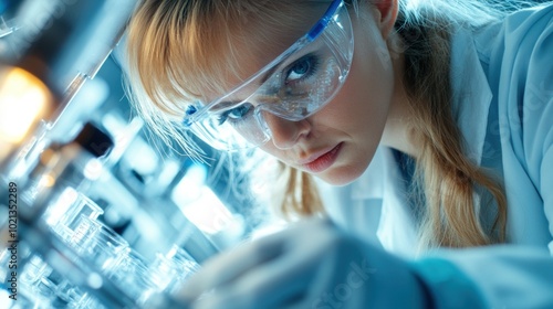 A dedicated scientist in protective gear carefully analyzes samples in a laboratory, surrounded by various glassware, while bright lights illuminate her workspace