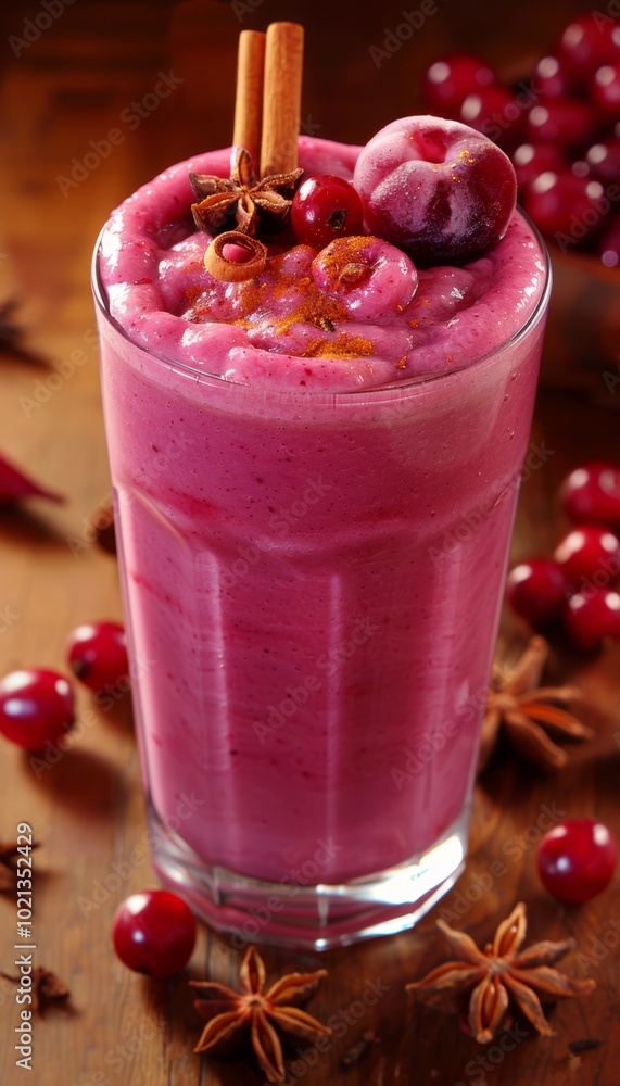 A refreshing pink smoothie with cinnamon sticks and star anise. A refreshing pink smoothie with cinnamon sticks and star anise.