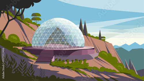 A transparent geodesic dome offering panoramic views and a connection to the surrounding environment.