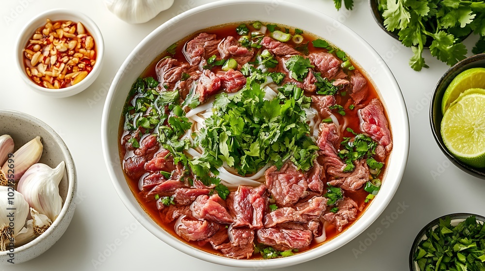A vibrant, top-down view of a Pho bowl, filled to the brim with aromatic broth, tender beef slices, and fresh herbs, surrounded by small bowls of condiments like hoisin sauce, sriracha, A vibrant, top-down view of a Pho bowl, filled to the brim with aromatic broth, tender beef slices, and fresh herbs, surrounded by small bowls of condiments like hoisin sauce, sriracha,