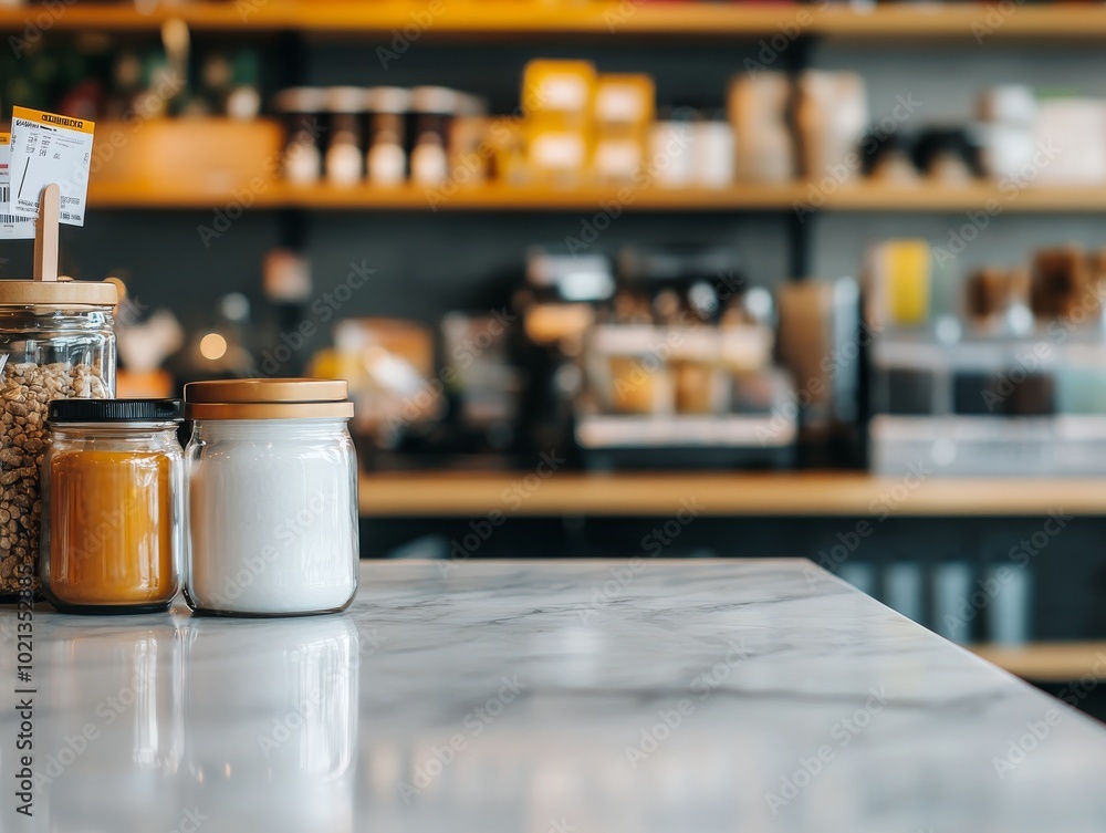 Jars of ingredients on a marble countertop in a cozy cafe setting. Jars of ingredients on a marble countertop in a cozy cafe setting.