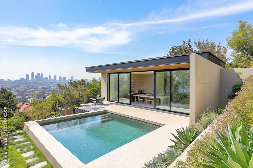 Fototapeta premium A modern backyard that exudes elegance and contemporary design, featuring minimalist landscaping, clean lines, and modern outdoor features to elevate everyday living