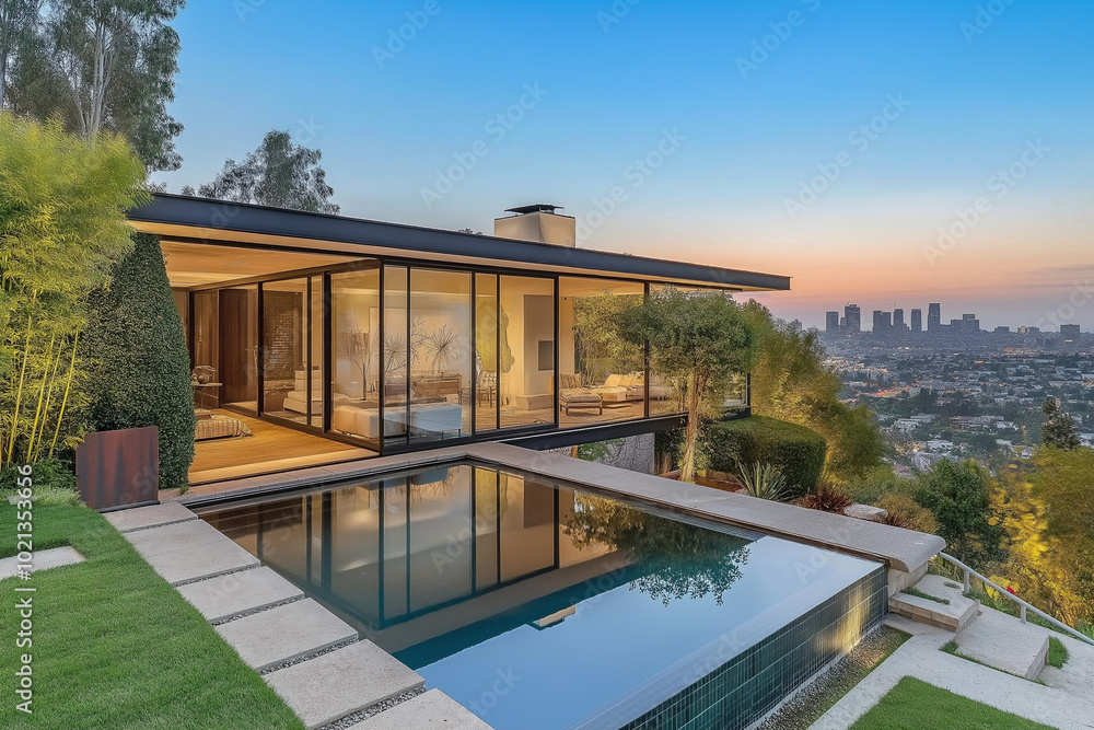 Fototapeta premium Discover a modern backyard oasis where outdoor living is reimagined, offering a chic environment with sleek lines, modern furnishings, and peaceful greenery to enjoy the beauty of nature