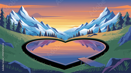 Heart-shaped lake reflecting snow-capped mountains and sunset.