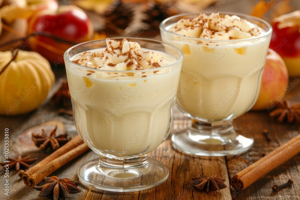 Two glasses of creamy pumpkin spice drink topped with whipped cream and cinnamon, perfect for a cozy fall day. Two glasses of creamy pumpkin spice drink topped with whipped cream and cinnamon, perfect for a cozy fall day.