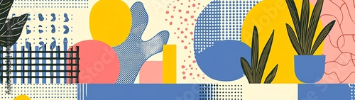 Colorful abstract pattern featuring geometric shapes and botanical elements, perfect for modern design and art projects.