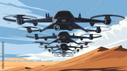 Swarm of military drones flying in formation over desert landscape.