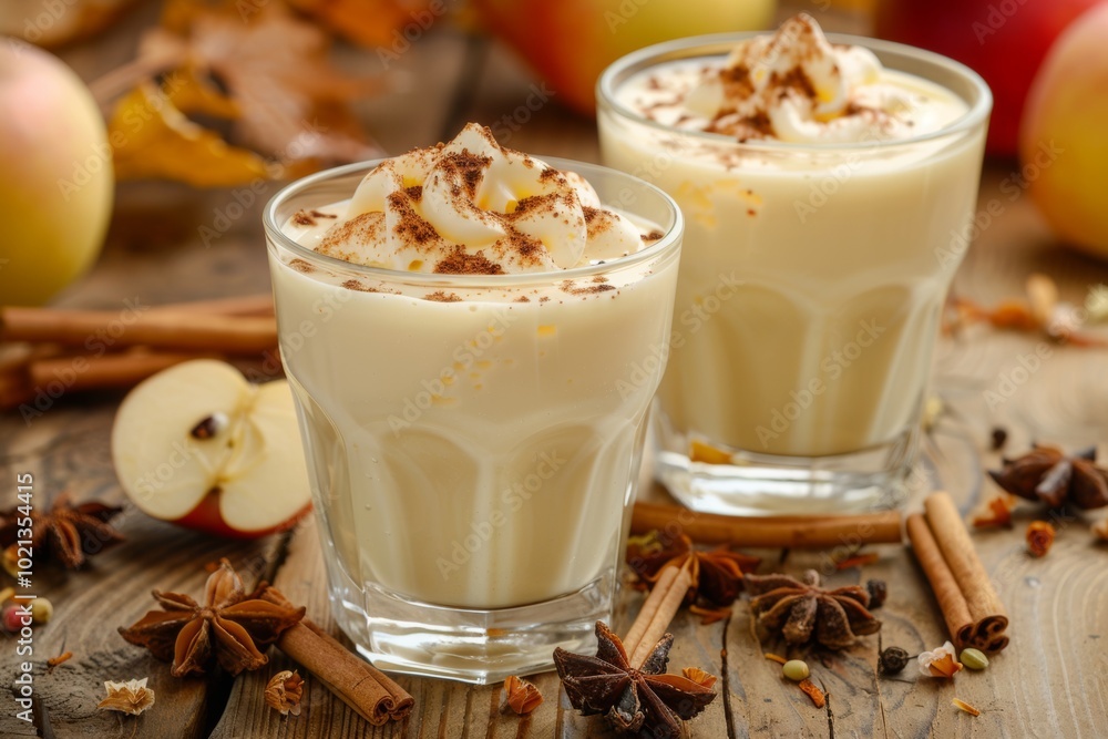 Two glasses of creamy, spiced milk with whipped cream and cinnamon on top. Two glasses of creamy, spiced milk with whipped cream and cinnamon on top.