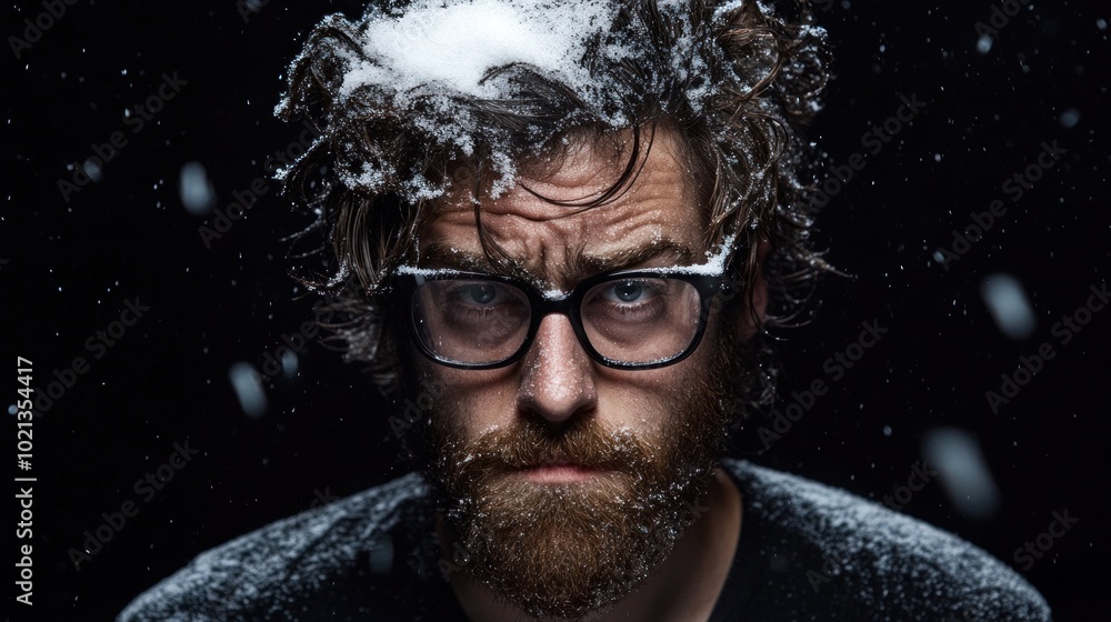 A man with wild, snow-covered hair and thick glasses stares intently at the camera, encapsulating a moment of deep contemplation amidst a snowfall in a dark backdrop