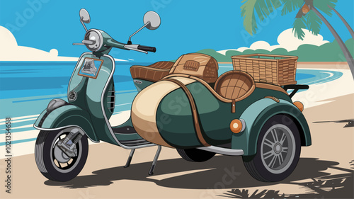 A vintage scooter with a sidecar, ready for adventure, parked on a picturesque beach.