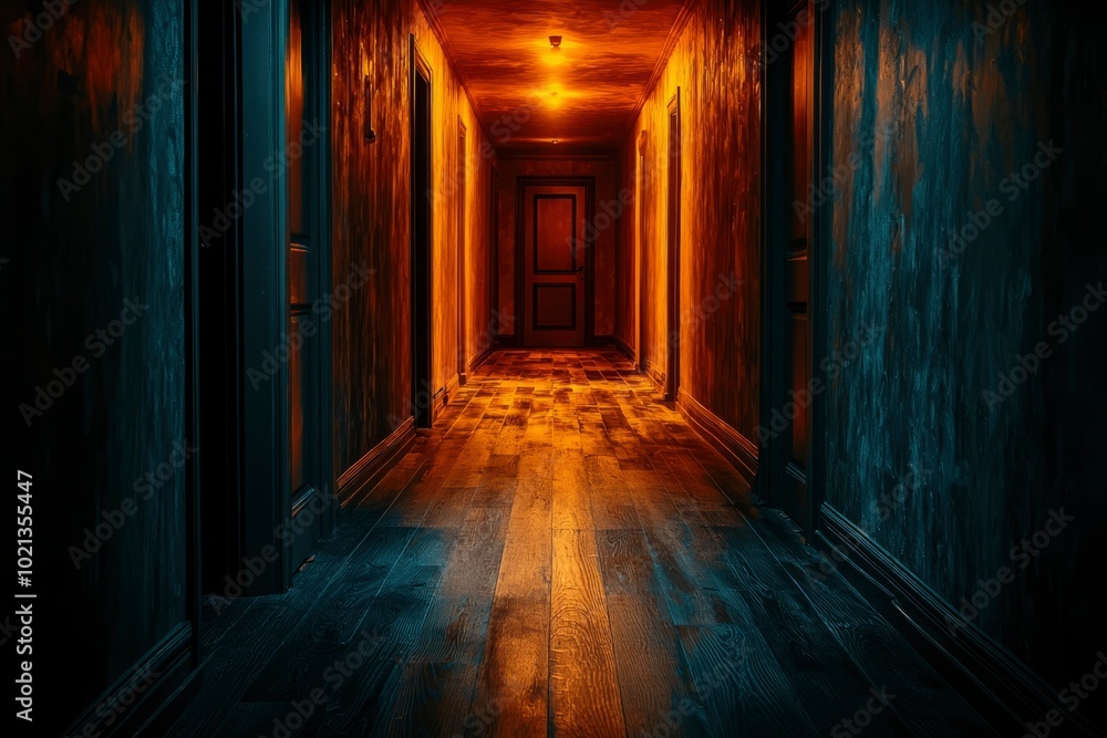 A Dark and Mysterious Hallway with a Glowing Door at the End A Dark and Mysterious Hallway with a Glowing Door at the End
