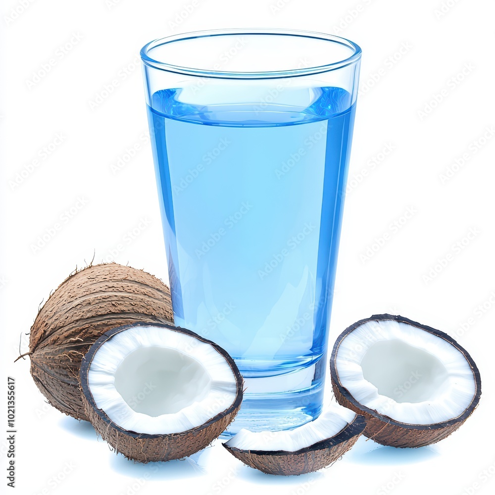 Coconuts with fresh water in glass, refreshing tropical beverage, white isolate background. Coconuts with fresh water in glass, refreshing tropical beverage, white isolate background.