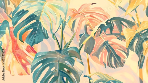 Vibrant tropical leaves in soft hues create an artistic and calming backdrop for various design projects.
