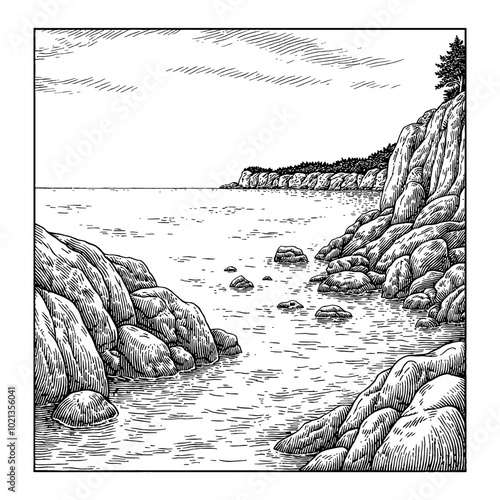 Black and White Outline Line Art Drawing of Beautiful Rocky Seascape with  Calm Sea Water