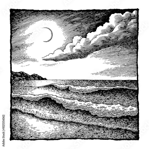 Black and White Outline Line Art Drawing of Night Seascape with Ocean Waves and Crescent Moon