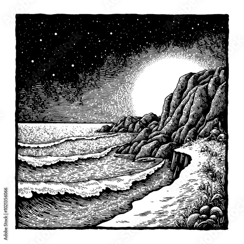 Black and White Outline Line Art Drawing of a Beautiful Seascape During the Night with Waves Crashing on the Shore and a Starry Sky