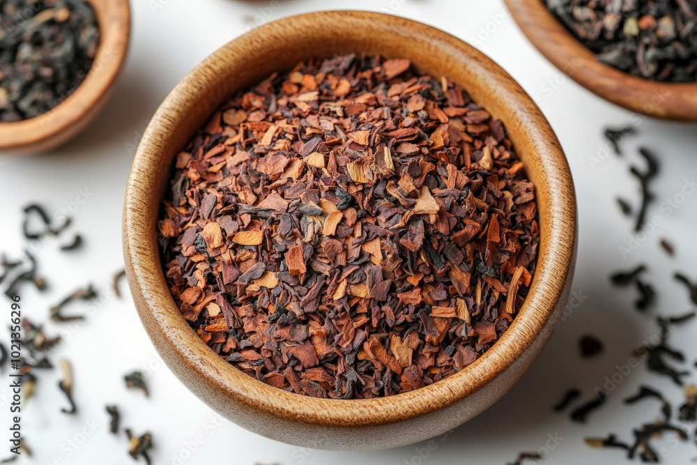 A wooden bowl filled with dried tea leaves on a white surface, surrounded by scattered leaves and other small bowls of tea in the background.