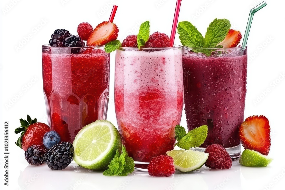 Colorful fruit smoothies with berries and mint on white isolate background. Colorful fruit smoothies with berries and mint on white isolate background.