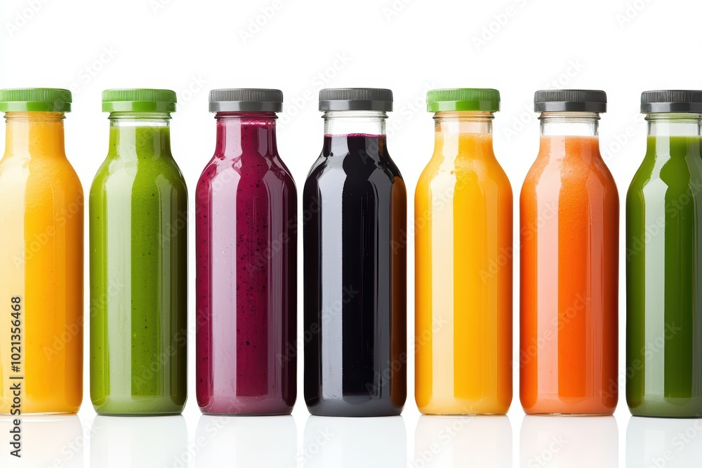 Colorful juice bottles lined up on a white background, showcasing various flavors. Colorful juice bottles lined up on a white background, showcasing various flavors.