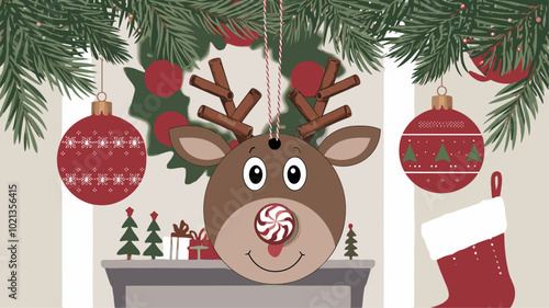 Reindeer-shaped Christmas tag with cinnamon stick antlers and candy button nose.